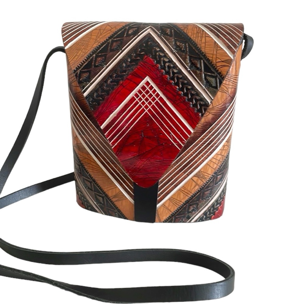 Sergios Collection Leather Tooled Boho Tribal Native Small Crossbody Bag